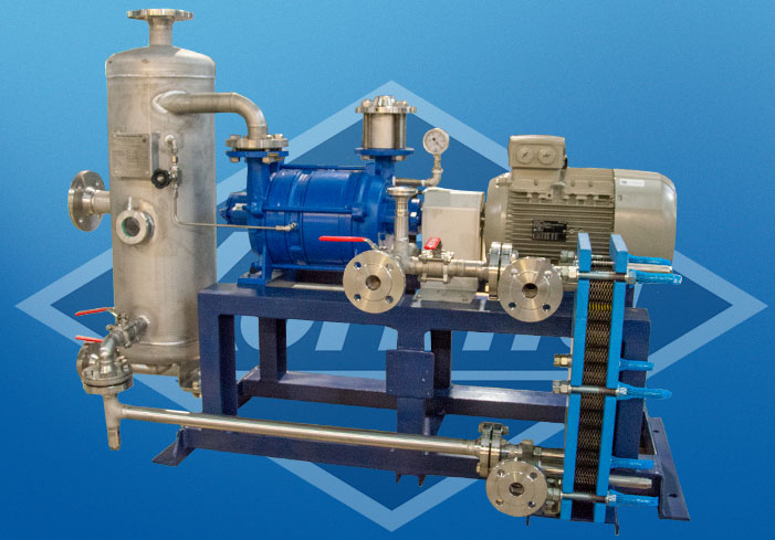 Liquid ring vacuum pump in full recovery with plate heat exchangers operation